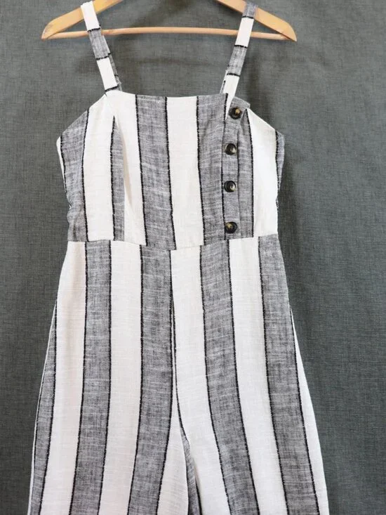 Urban Romantics Linen Blend Wide Leg Striped Jumpsuit Romper Womens M Sleeveless - Picture 7 of 15